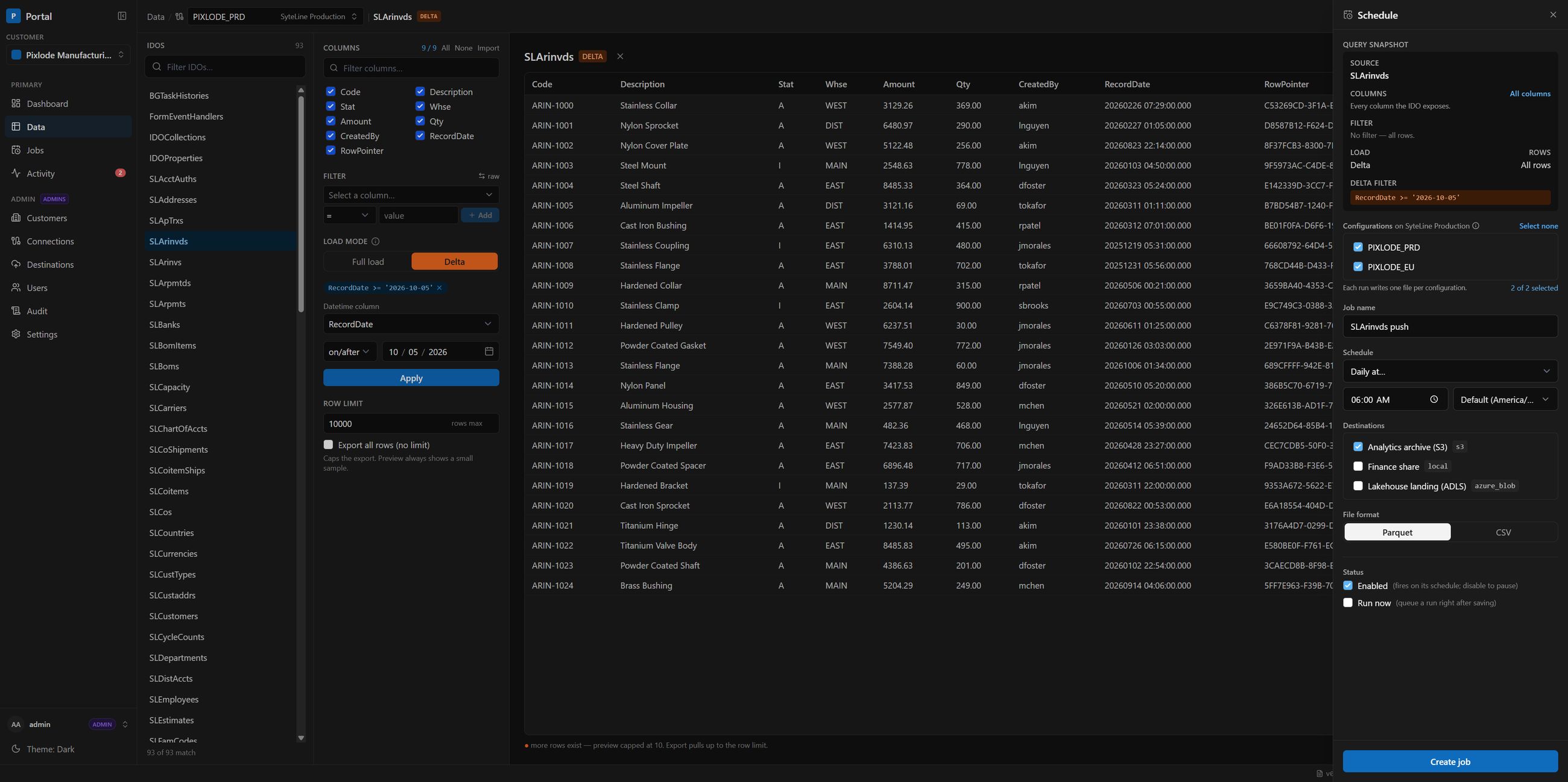 The data portal building an export job: a preview of invoice rows on the left, and a schedule panel on the right setting the job to run daily at 6:00 AM and write Parquet files to an S3 archive.